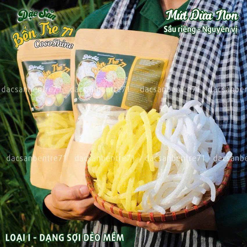 Mứt dừa non dạng sợi dẻo mềm, vị sầu riêng và nguyên vị